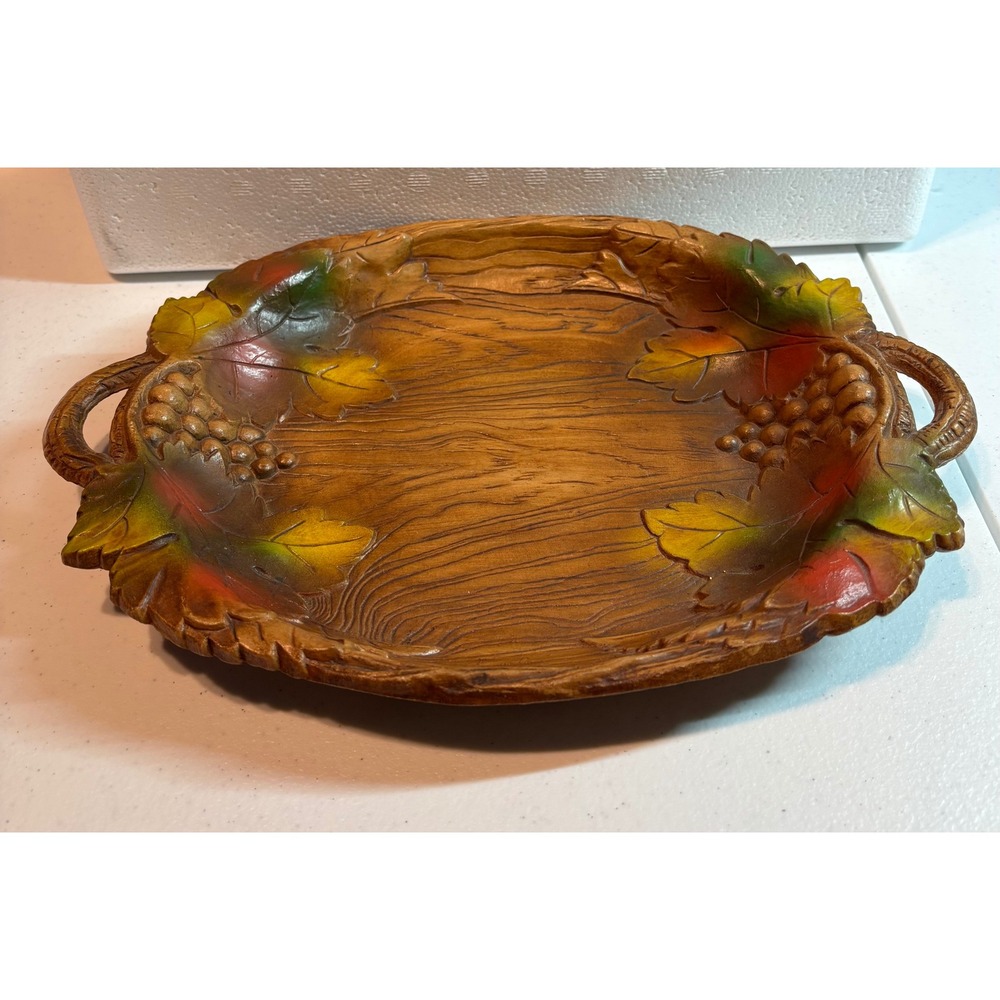 Vintage Autumn Leaf Grape‎ Harvest Serving Tray with Handles Wood Grain Finish